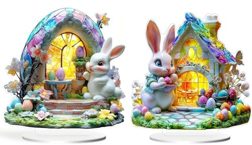 2 STÜCK Acryl Osterhase Deko,Tisch-Häschen-Dekoration,Osterhasen-Statue,Frühlings-Innendekoration,Osterdekoration für den Urlaub,Ostereier Hasenornament,Ostertischdekoration,Ostern festliche Acryl