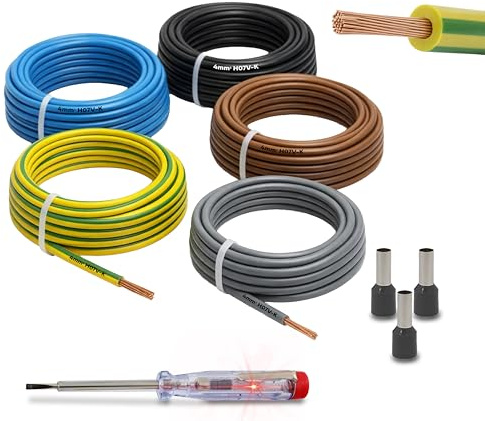 Set di cablaggio flessibile 4 mm² H07V-K, 5 x 3 m, con 50 manicotti terminali di cablaggio, ideale per contatori, cavi di terra e ponti di cablaggio