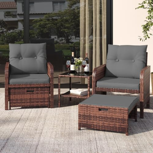 Amopatio 5-delar polyrattan trädgårdsmöbel set, rattan lounge set med 2 sittbänk och glasbord, väderbeständigt trädgårdssoffa set med sittkuddar för trädgård, terrass, balkong, brun