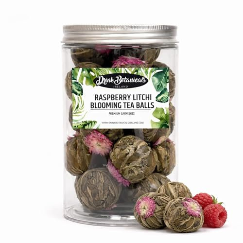 Raspberry Litchi Blooming Tea Balls | 16+ Hand Tied Flowering Raspberry Green Tea Balls | 100% Natural | 300+ Cups | Blooming & Edible Flowers, | PET Jar | Drink Botanicals Ireland, 115G,4.06OZ