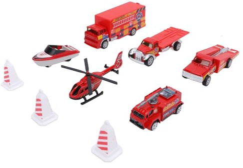 Omquot Set di Giocattoli per Auto dei Pompieri 6 Pezzi in Lega per Camion dei Pompieri, Veicoli, Aeroplani, Barche, Ornamenti Decorativi per Regalo di Compleanno per Bambini (Rosso)