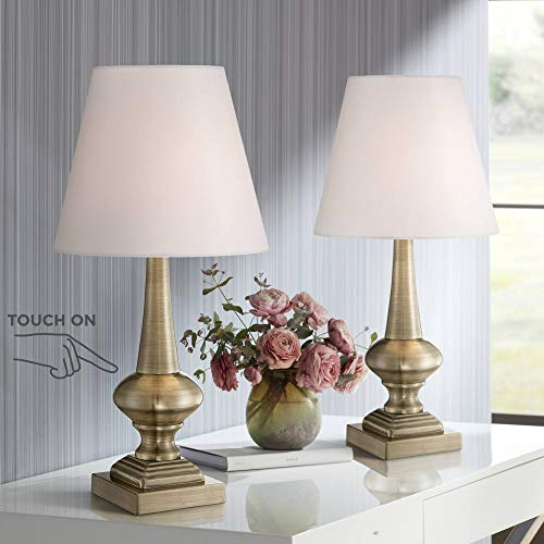 360 Lighting Traditional Accent Table Lamps 19 Tall Set of 2 Antique Brass Gold Metal Touch On Off White Bell Fabric Shade for Bedroom Living Room House Bedside Nightstand Office Family