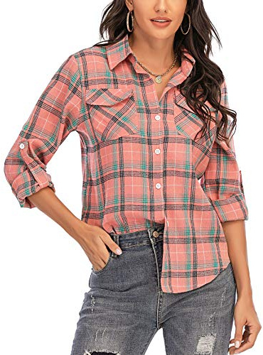 Enjoyoself dam, rutig blus, långärmad, rutiga flanellskjortor, 100 % bomull, button-down skjortblus för vardag och oktoberfest, ROSA, M
