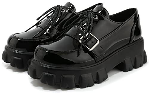 KOKOMOMO Womens Patent Leather Platform Oxfords Chunky Lace Up Goth Buckle Shoes,Size 8.5 Black