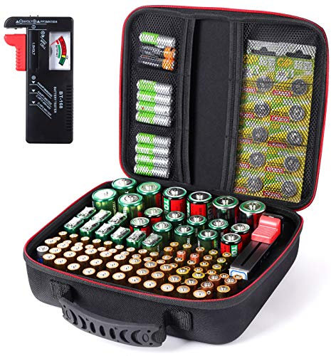 Glamgen battery Organizer Storage Case with Tester BT168 - Hard Case Holds 104 AA AAA C D 9V, Storage Box with Capacity Indicator (Batteries Not Included)