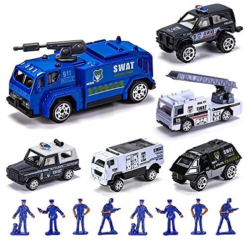DUNRIOG TOYS 14 Pack Die-cast Police Rescue Truck Vehicles Sets,6 Pack Mini Police Vehicles Model,8 Policemen Mini Alloy Metal Pull Back Car ToysBoys Girls Toddlers Birthday Christmas Party Favors