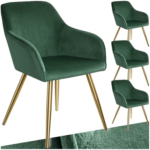 tectake®4er Set Esszimmerstuhl, Sessel bequem mit Armlehne, Polsterstuhl, Samtstoff Cocktailsessel, Loungesessel für Wohnzimmer, Esszimmer, Moderne Küchenstühle, Bürostuhl - dunkelgrün/Gold