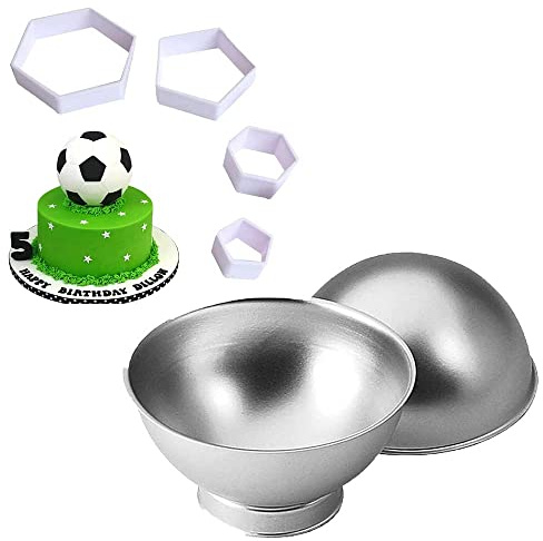 Juego de bolas 3D para tartas, juego de pelotas deportivas de 6 pulgadas para crear tartas 3D, tenis, béisbol, fútbol, molde de bolas de esfera con 4 cortadores de galletas con patrón de fútbol (A)