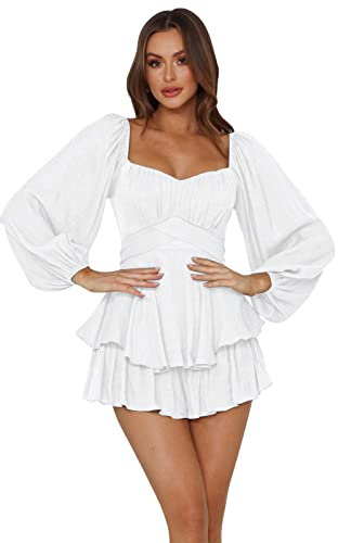 Short Romper for Women, Boho Lantern Long Sleeve Short Jumpsuit Off Shoulder Casual One Piece Chiffon Romper Dress Floral Print Sexy Ruffle Playsuit Overall Festival Outfit #White- long sleeve S