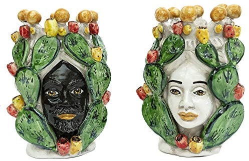 Generico Coppia teste di moro Caltagirone con fichi d'india in ceramica siciliana vasi grande H 20 cm