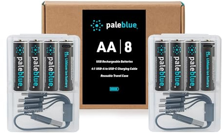 paleblue USB Rechargeable AA Batteries (8-Pack) - 2550mWh Lithium Ion, 1.5V, 1000+ Charge Cycles, Includes (2) 4-in-1 USB-A to USB-C Charging Cables, LED Charge Indicator, Quick 1.9 Hour Charging