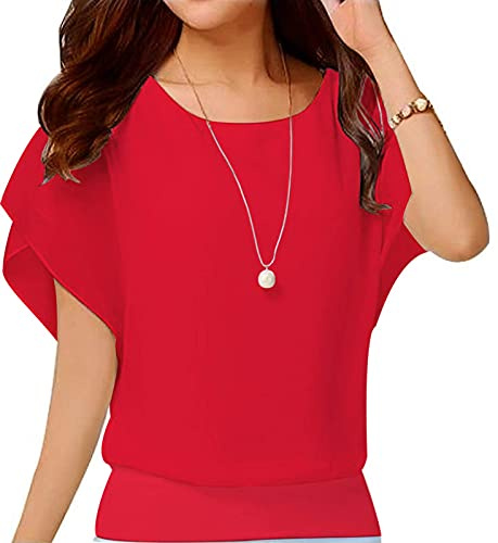 Yommay Blusas de verano para mujer, elegantes, informales, de gasa, camisetas de manga corta, Rojo brillante, XXL