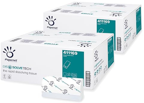 Papernet Dissolve Tech - Asciugamano Piegato a V 411169, 30 pacchi da 210 Pezzi Monouso di Carta in Pura Cellulosa, Biodegradabile e Altamente Resistente, 2 Veli, Dimensione Piegato 22x10,5cm