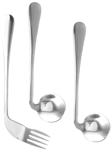 FOMIYES Cubiertos Adaptativos para Personas Mayores | Juego de 3 Piezas (1 Tenedor y 2 Cucharas Anguladas) Mano Derecha | Acero Inoxidable para Discapacitados y | Vajilla Ayuda