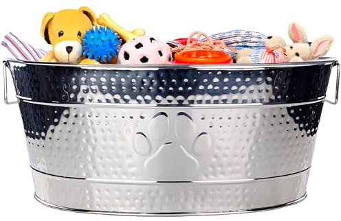 BREKX Stainless Steel Indestructible Dog Toy Bin - Pet Storage Bin with Handles, Large Organizer Storage Basket for Pet Toys, Blankets, Leashes - Pawprint Design Home Decor (Silver - 25 Quart)