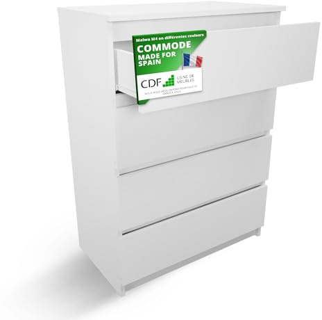 CDF Kommode Weiß mit 4 Schubladen 97 cm Hoch Sideboard Schmale Komode | Schlafzimmerkommode für Flur Büro Schlafzimmer Wohnzimmer Schubladenschrank Regal mit Schubladen Schrank Modernes Möbelstück