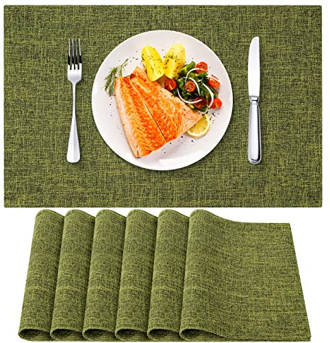 BARTHKIT Cloth Placemats Set of 6, Linen Style Thick Dining Table Mats, Heat Resistant and Easy to Clean Placemats for Kitchen Dining Table, Green