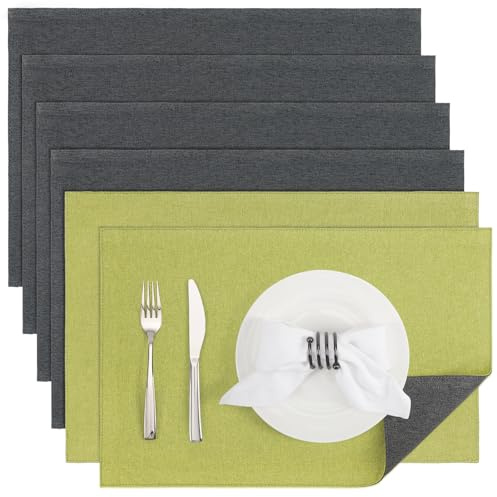 Banchif Platzsets Leinenimitat Tischsets Abwaschbar Tischsets Doppelseitigen Platzsets Stoff Platzdecken maschinenwaschbar 30 x 45 cm (Grün-Grau, Rechteckig Satz von 6)