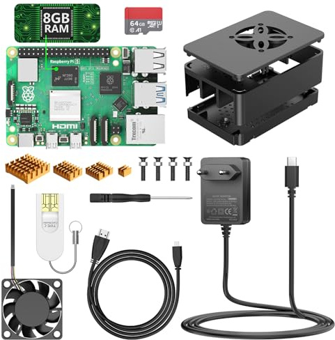 NinkBox Raspberry Pi 5 8GO Starter Kit avec 64 GB Carte Mémoire, Starter Kit Complet: Carte Mère, USB-C Alimentation de 5,1V 5A, 4 Dissipateurs Thermique Dorés, Ventilateur, Boîtier Noir, Câble HDMI