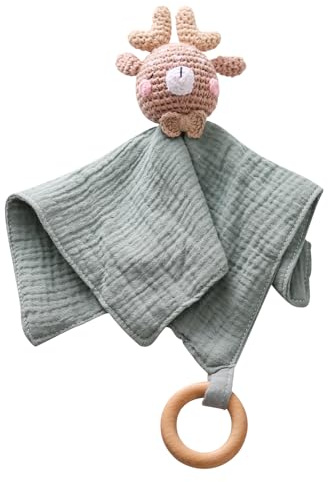 WOODEN TEETHER Schnuffeltuch Baby, Musselin Schmusetuch alsBaby Geschenk zur Geburt von Junge & Mädchen Schnuffeltuch, Kuscheltier für Babys und Kleinkinder ab 0+ Monaten (Hirsch)