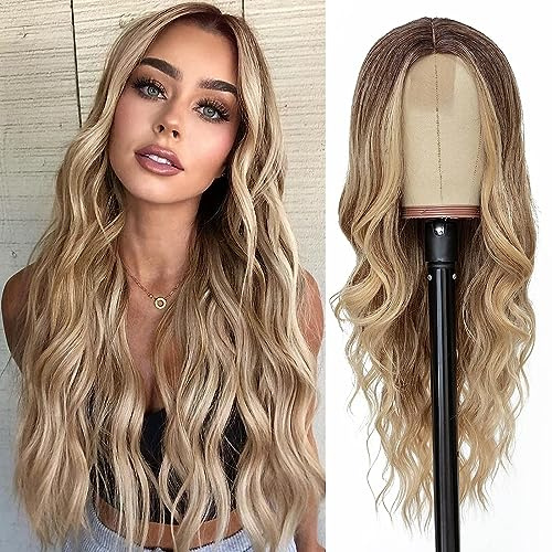 PORSMEER Lange Braun/blond Wellig Perücke, 66cm Mittelscheitel Lockige Perücke Natürliche Hitzebeständig Synthetische Perücke für Frauen Tägliche Party