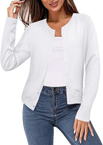 Irevial Cardigan in Maglia Donna Maglione Girocollo Leggero Elegante Golfino Con Bottoni Casual Maglieria Cappotto Giacca per Primavera Estiva Autunno Bianca L