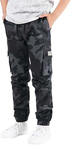 NATUST Boys Cargo Trousers Kids Elastic Waist Joggers Multi Pockets Casual Pants Camo Grey 13-14 Years