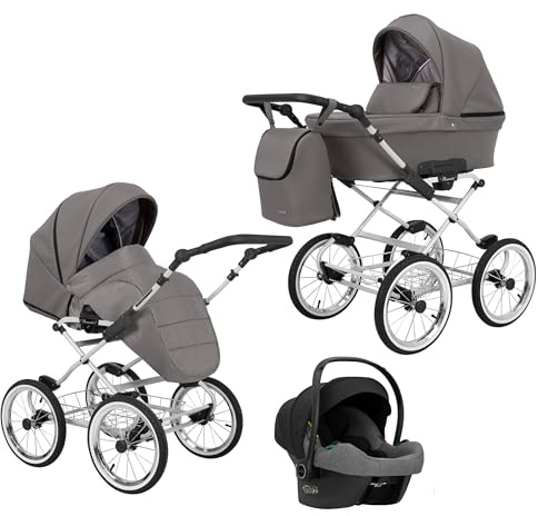 KUNERT Kinderwagen ROMANTIC retro Sportwagen Babywagen Autositz Babyschale Komplettset Kinder Wagen Set 2 in 1 und 3 in 1 (graphit eco- grauer rahmen, 3in1 Cosmo)