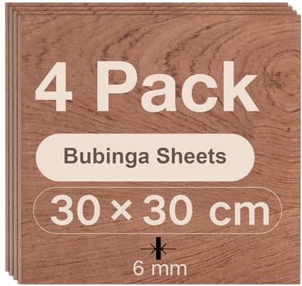 ROBOTIME Tablero Madera Contrachapada 6mm Bubinga 30×30cm 4 Piezas Tablero de Madera a Medida Para Bricolaje,Pirograbado Corte por Laser CNC Router Modelado