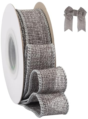 Tekdeere Juteband mit Drahtkante, 25 mm x 9 Meter, Grau – Für Bastelarbeiten, Geschenkverpackung, Kränze, Schleifen, Baum- und Außendekoration