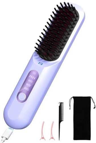 Brosse Lissante pour Cheveux sans Fil, Peigne Chauffant de voyage portable, Mini Brosse Brushing Chauffante ave d'ions Négatifs, Rechargeable Lisseur de barbe pour hommes, 3 RéGlages De TempéRature