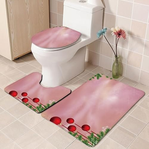 Bad Teppiche Set Rosa Rote Kugeln Badezimmerteppich Waschbar WC Vorleger mit Ausschnitt und WC Deckelbezug 3 Teilig Badematte rutschfest Toilettensitzbezug Badgarnitur 45x75 cm