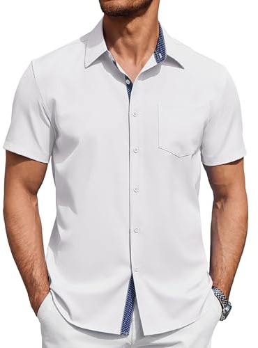 COOFANDY Mens Short Sleeve Shirt Summer Beach Holiday Shirts Casual Smart Business Shirts Regular Fit with Front Pocket White L
