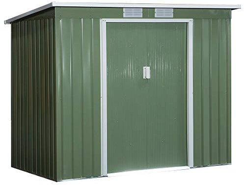 Outsunny Gerätehaus 2,42 m², Gartenhaus mit Lüftungsfenster, Schiebetür, Fundament, 213 x 130 x 159/172 cm, Geräteschuppen aus Verzinkter Stahl, wetterfest, für Garten, Grün