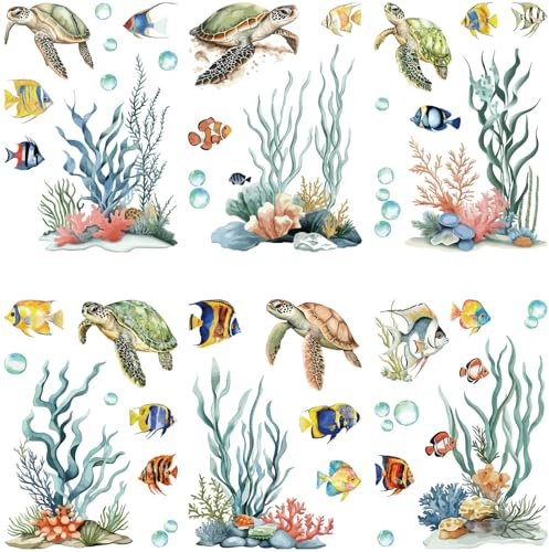 craspire 8 Blatt Wandaufkleber Mit Schildkrötenmotiv Seegras Ozean Sommer Selbstklebende Fensteraufkleber Abziehen Und Ankleben PVC Wasserdicht Dekor Für Schlafzimmer Zuhause Treppenhaus Restaurant
