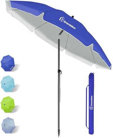 Grandekor Sonnenschirm Ø 160 cm Balkon Strandschirm Gartenschirm Marktschirm, Terrassenschirm mit Bodenhülse & Drehstange & Schutzhülle, Sonnenschutz UV50+, blau Rund