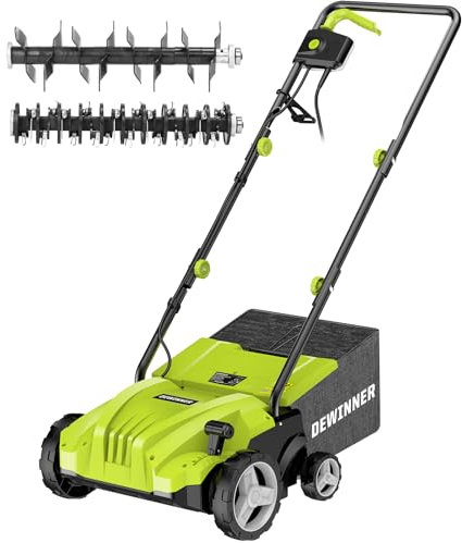 DEWINNER Lawn Scarifier and Aerator, 1500W Electric Scarifiers for Lawns, 2 Interchangeable Rollers, 4 Cutting Heights (-12/+4mm), 30L Grass Box, 32CM Working Width, 10M Power Cord