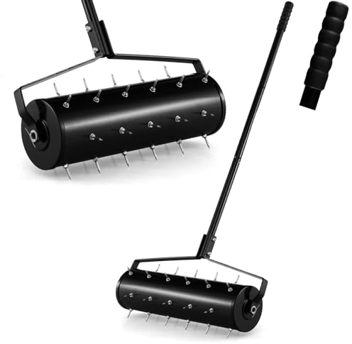 RELAX4LIFE Arieggiatore per Prato con Rullo da 44 cm/52 cm, 27/33 Punte Antiruggine da 3,4 cm, Aeratore da Prato con Manico Lungo, Ideale per Cortili, Giardini e Prato (Larghezza: 52 cm,Nero)