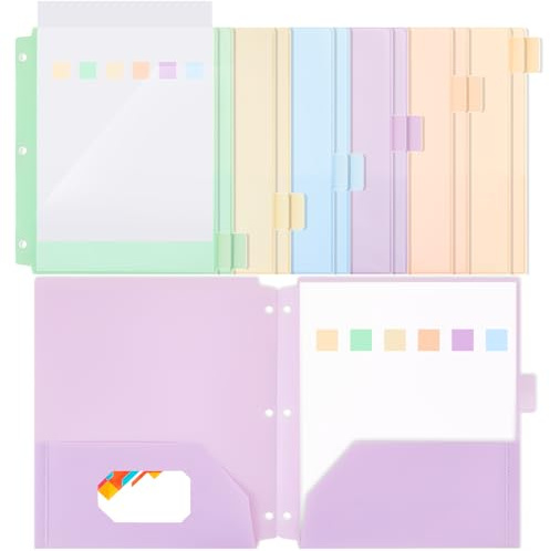 Honoson 12 Pcs Pastel Plastic Folders with Clear Front Pocket 3 Hole Macaron Punched Folders for 3 Ring Binder 1/6 Cut Tabs for School Office Classroom