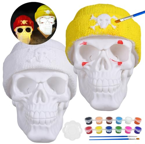 Halloween Deko Totenkopf Lampe, Halloween Basteln Kinder, DIY-Skull-Mal-Bastelset mit 2 Malstiften und 12 Farben, Ideal als überraschungsgeschenk, für Karneval, Gotisch, Innen außen Tischdekorationen