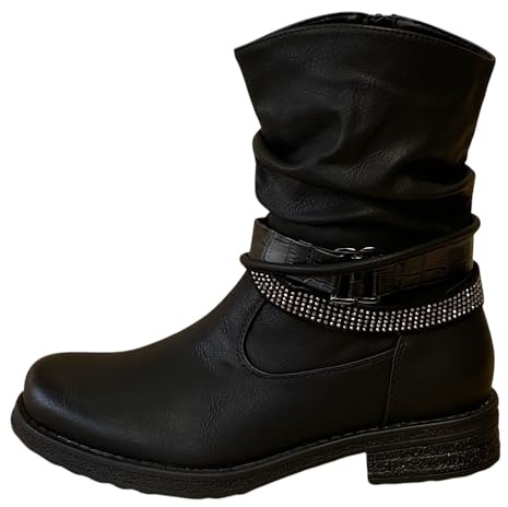 Pogolino Damen Stiefeletten Nieten Biker Boots Glitzer Stiefel leicht gefüttert 1573 Schwarz 38