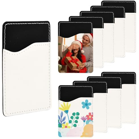SOFPLATE 10 Pack 3.8 x 2.6 Inch Sublimation Cell Phone Wallet Adhesive Phone Card Holders Black Blank Transfer PU Leather Rectangle Card Sleeve Pockets for Cellphone Back Case Vinyl Projects DIY Decor