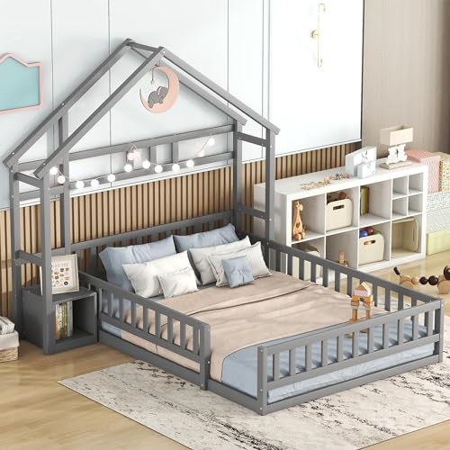 OKMYHOME Hüttenbett 140 x 190 cm – Kinderbett mit Geländer und Nachttischen – Holz + MDF – ohne Matratze – Grau