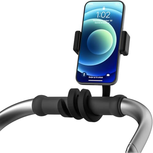 KIRZAX Support de téléphone portable pour poussette avec poignée antidérapante, support de téléphone portable flexible pour poussette, bureau, guidon et tapis de course (Noir)