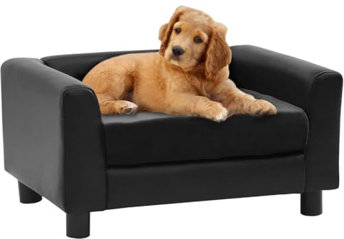 KTHLBRH Hundesofa Schwarz 60x43x30 cm Plüsch und Kunstleder mit Holzrahmen und waschbarem Bezug – Stabiles Haustierbett für Hunde und Katzen mit rutschfesten Beinen