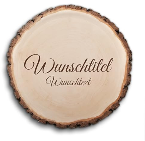 Personalisierte Baumscheibe mit Text Gravur, Größen wählbar, Ihre Botschaft in Holz eingebrannt, massives Geschenk aus 2,5cm dicken Erlenholz mit Rinde, Standfüße optional