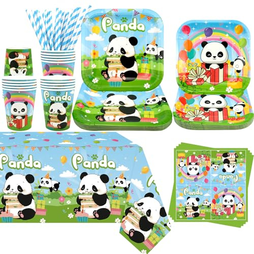 Obussgar Panda Party Decoration - Panda Party Tableware Supplies Includes Plates, Cups, Napkins, Tablecloth, Straws - Serves 20
