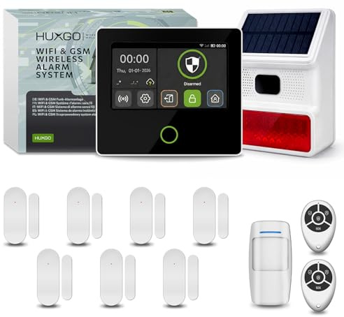 HUXGO® HXA502 Kabellose Alarmsystem WiFi + GSM 4G mit aussen Solar Sirene | Alarmanlage Haus mit 1x PIR-Bewegungsmelder, 7X Fensteralarm/Türsensoren | Mit Tuya Smartlife | Smart Home Security