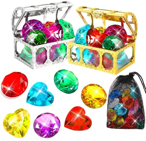 EKKONG Tauchen Edelsteine, Tauchjuwel Pool Spielzeug, 12 Große Bunte Diamanten mit 2 Piraten Schatztruhe und 1 Netzbeutel, Sommer Schwimm Tauch Edelsteine für Strandpartys, Aktivitäten am Pool (B)