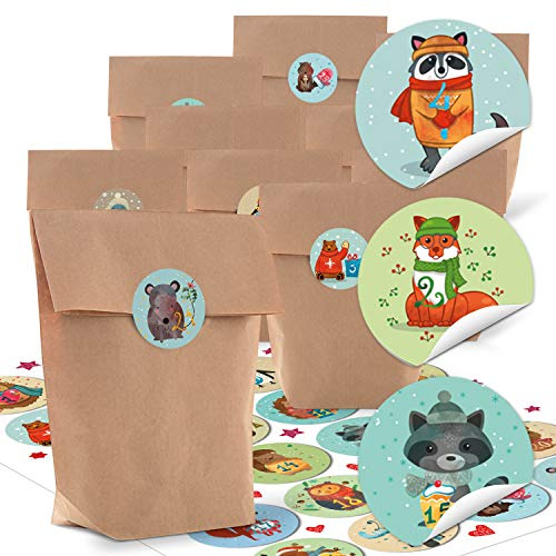 Logbuch-Verlag 24 Adventskalender Tüten zum Befüllen Kinder Tiere Kraftpapier Beutel MIT 1-24 Zahlen Sticker Aufkleber Basteln 14 x 22 x 5,6 cm